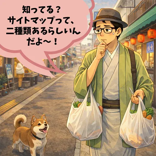 「サイトマップって、二種類あるらしいんだよ~!」って犬に喋りかけているところ…。