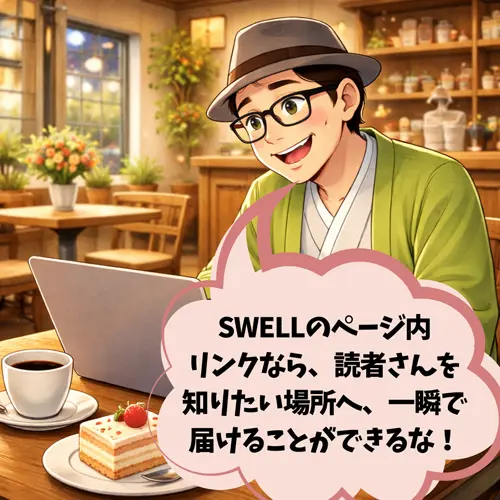 SWELLのページ内リンクなら、読者さんを知りたい場所へ、「一瞬で届けることができるな!」と感心しているところ…。