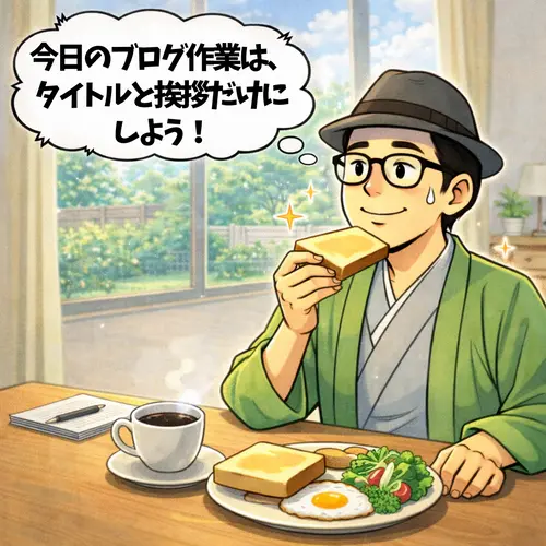 朝食を食べながら、「今日のブログ作業は、タイトルと挨拶だけを書く」ことに決めたところ。
