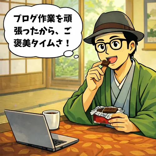 ブログ作業を頑張ったから、ご褒美タイムに、大好きなチョコレートを食べているところ。