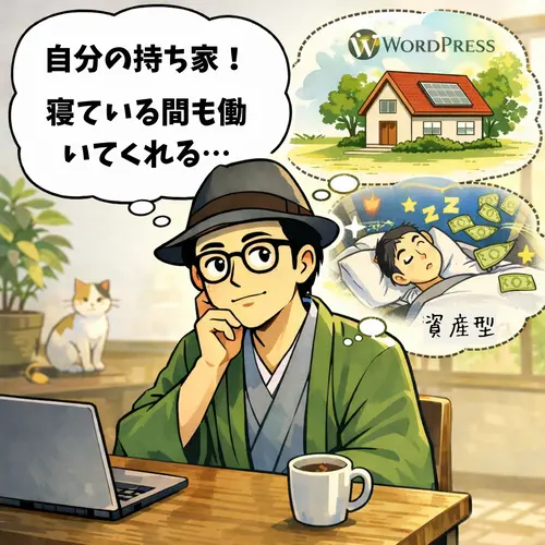 無料ブログは賃貸、WordPressは一軒家、「資産型」とは、寝ている間も働いてくれることなどを想しているところ。
