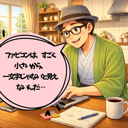 ファビコンは、すごく小さいから、
一文字じゃないと見えないことを理解したところ…。