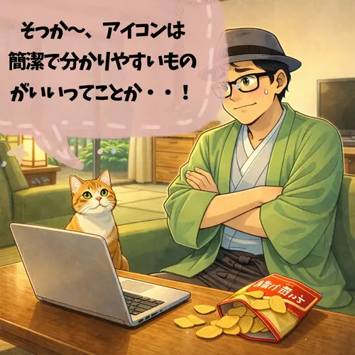 アイコンを作ろうとして、「アイコンは簡潔で分かりやすいものがいい」ってことを知ったところ…。