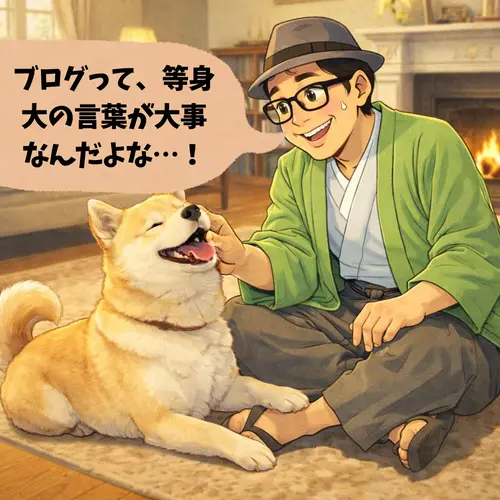 「ブログって、等身大の言葉が大事
なんだよな…！」、犬に話しかけているところ…