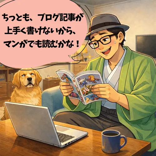 ちっとも、ブログ記事が上手く書けなくて、、マンがを呼んでしまっているところ…。犬も呆れている。