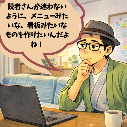 読者さんが迷わないように、メニューみたいな、看板みたいなものを作りたいと、悩んでいるところ…。