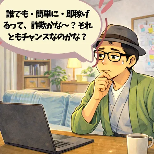 「誰でも・簡単に・即稼げる」って、広告を見つけて、「詐欺かな～？ それともチャンスなのかな？」って悩んでいるところ…。