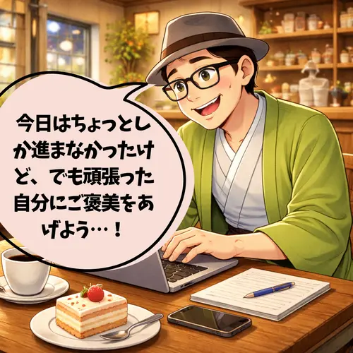 ブログの作業は、ちょっとしか進まなかったけど、「自分を褒めてあげよう」ということで、ケーキを頼んでしまったところ…。