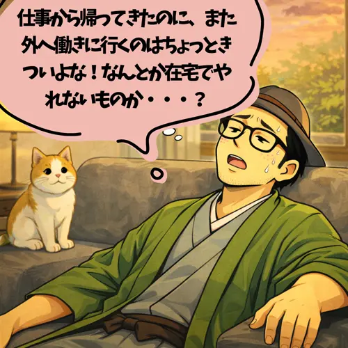 仕事から帰ってきたのに、また外へ働きに行くのはちょっときつくて、「なんとか在宅でやれないものか?」って考え込んでいるところ…。