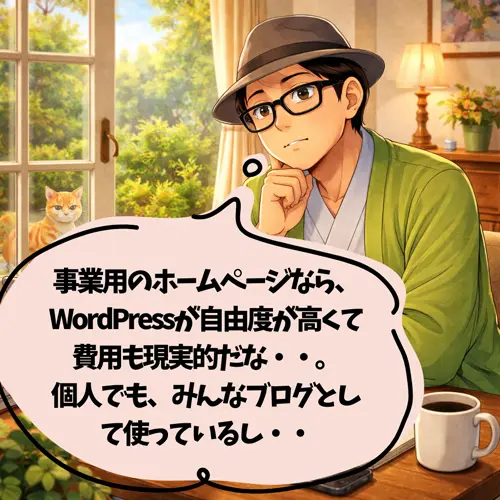 事業用のホームページなら、「WordPressの自由度が高くて費用も現実的・・。また、個人でも、みんなブログとして使っているし・・」って考えているところ…。