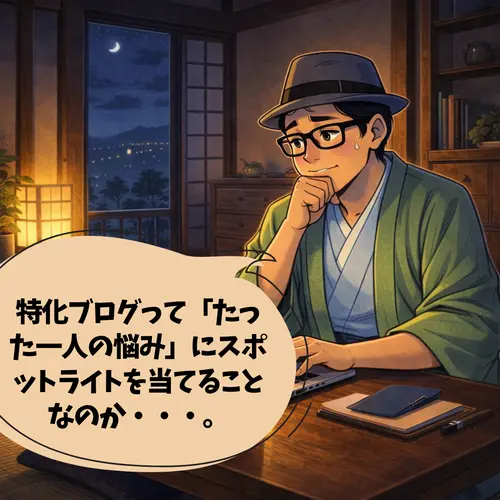 特化ブログって「たった一人の悩み」にスポットライトを当てることなのかと、考え込んでいるところ…。