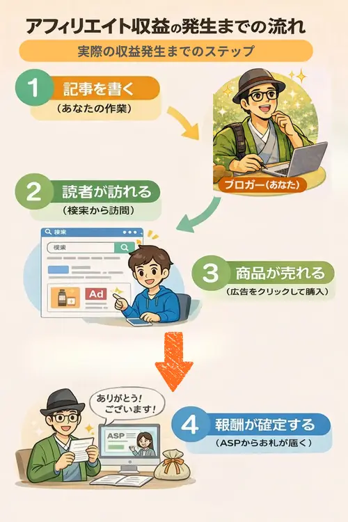 アフィリエイト収益の発生までの流れ
