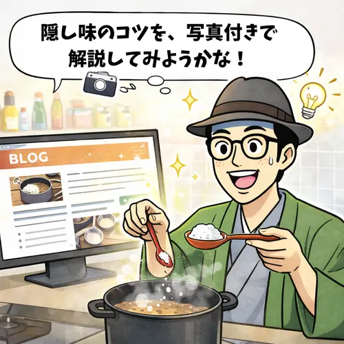 料理中に、美味しい料理ができて、「隠し味のコツを、写真付きで解説してみようかな」って感じているところ…