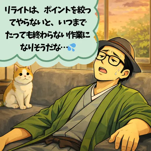 「リライトは、ポイントを絞ってやらないと、いつまでたっても終わらない作業」と気づき、落ち込んいるところ…。