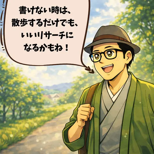 散歩しながら、「書けない時は、
散歩するだけでも、いいリサーチに
なるかもね！」って思っているところ…。