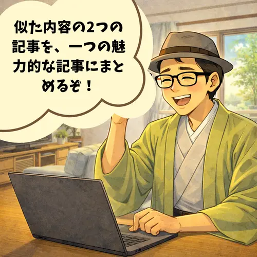 カニバリを起こしている、二つの似た内容の記事を、一つの魅力的な記事にまとめようとしているところ。