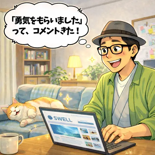 読者さんから、「勇気をもらいました」ってコメントが来て喜んでいるところ…。