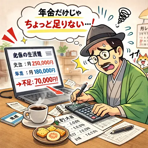 もうすぐ年金生活なのに、よくよく計算してみたら生活費が足りなくて慌てふためいているところ…