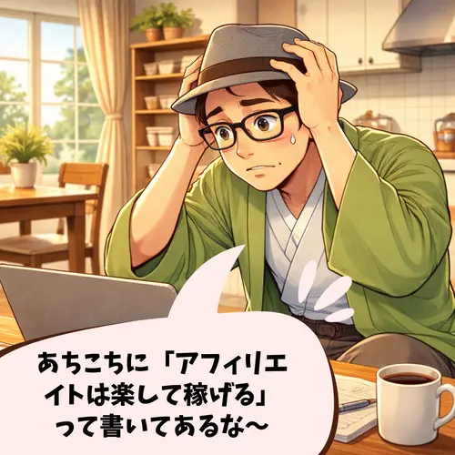 インターネットのあちこちに「アフィリエイトは楽して稼げる」って書いてあるのを見て不安がっているところ…。