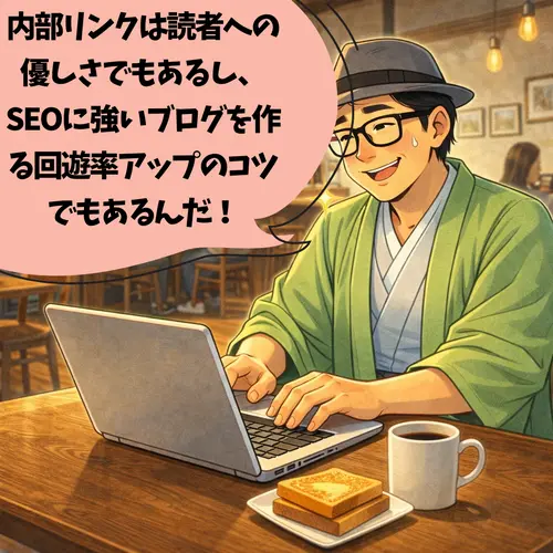 「内部リンクは読者への優しさでもあるし、SEOに強いブログを作る回遊率アップのコツでもあるんだ！ 」って思っているところ…
