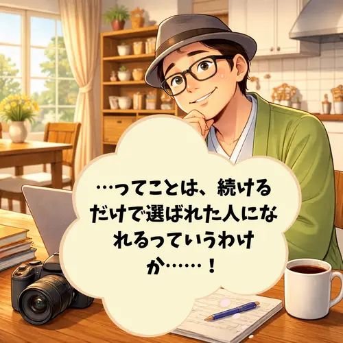 よく考えたら、「続けるだけで選ばれた人になれる」と気づいて喜んでいるところ…。