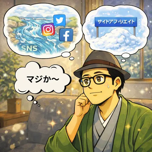 SNSは「流れる水(フロー型)」、サイトアフィリエイトは「積もる雪(ストック型)」ということを想像しているところ。