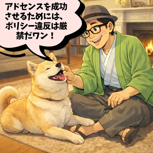 アドセンスを成功させるためには、「ポリシー違反は厳禁だワン！」とワンちゃんに諭されているところ…。